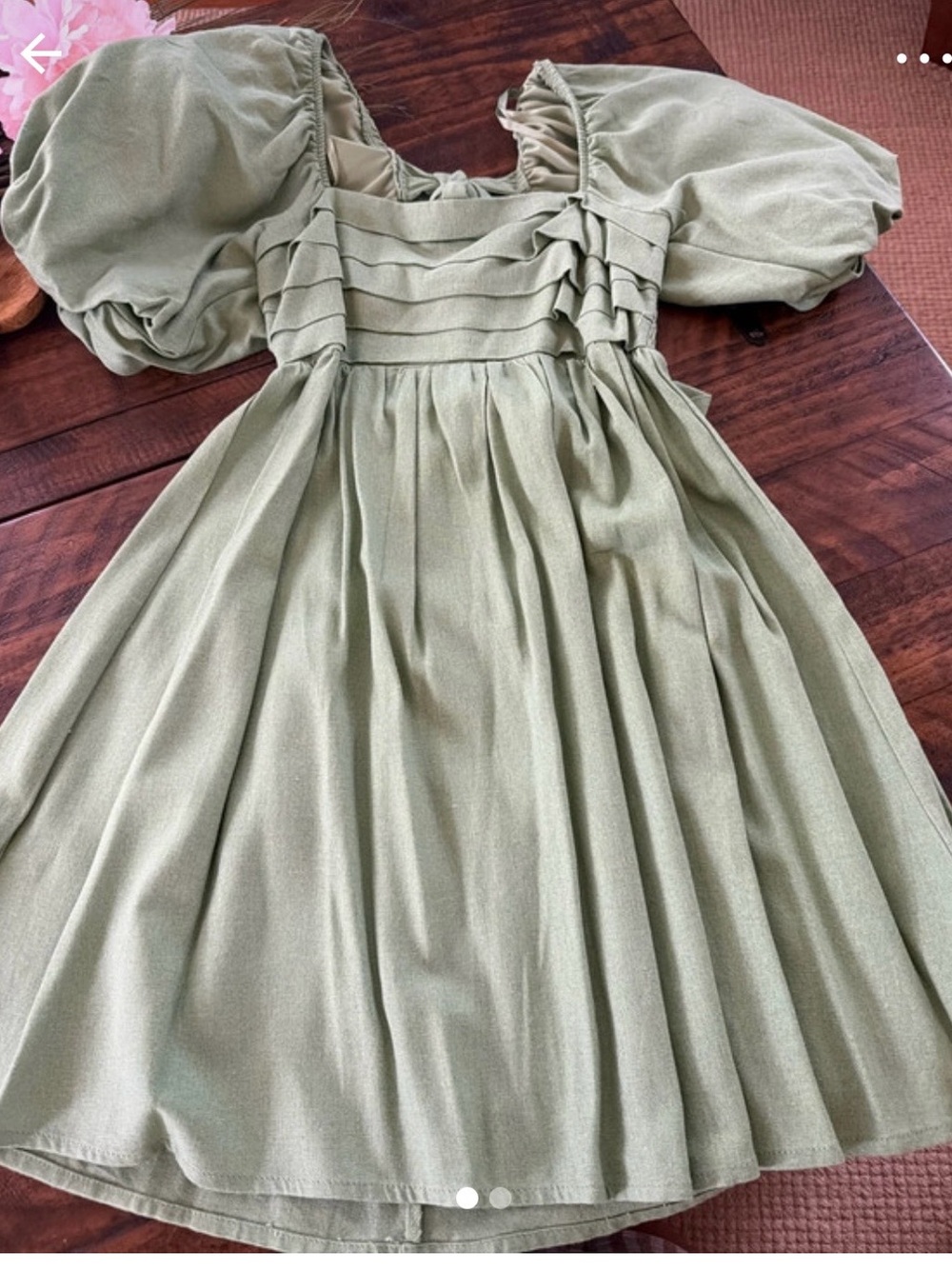 Olive Puff-Sleeve Dress - Elegant Gathered Bodice